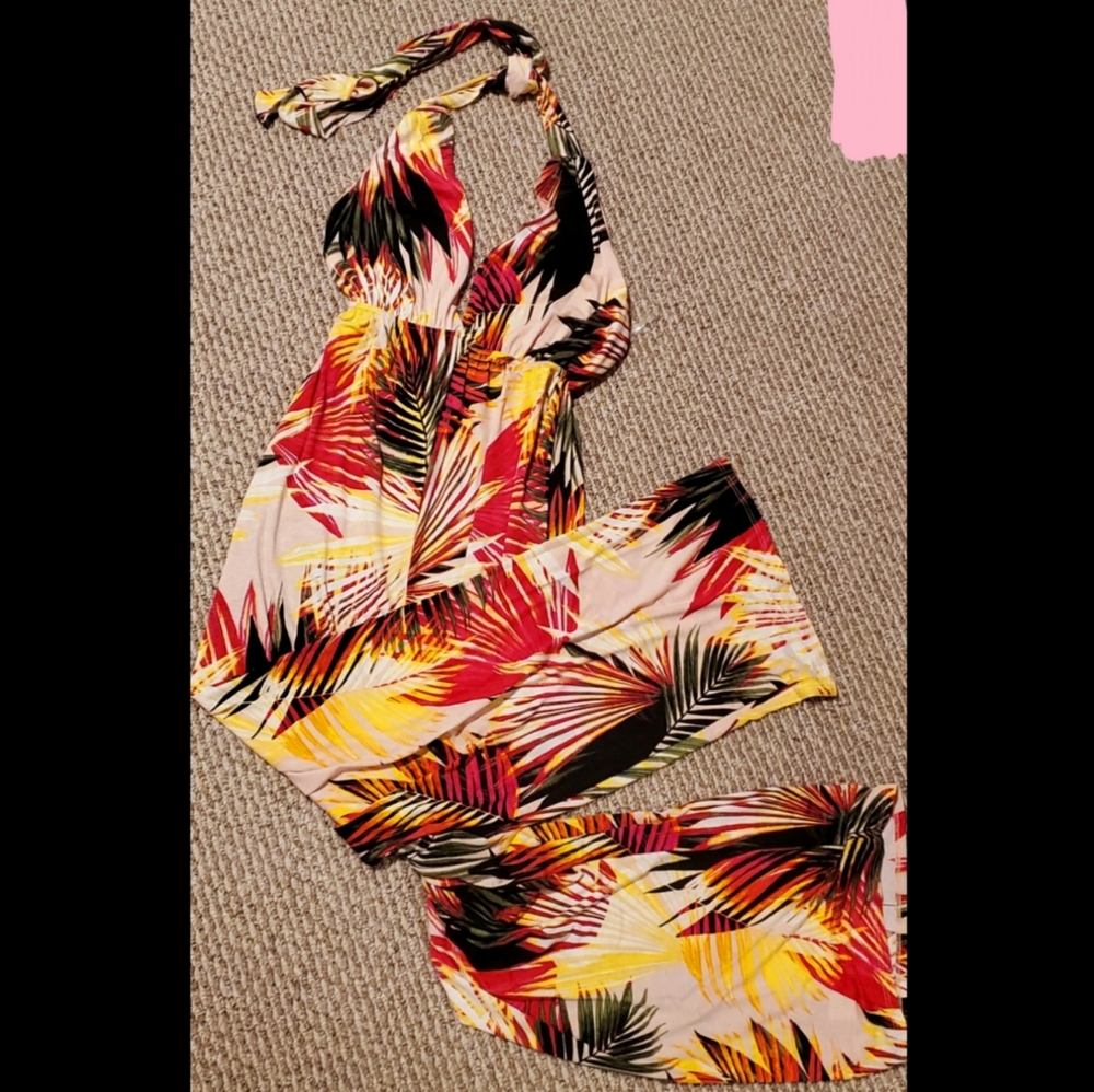 Tropical Palms Multicolor Halter Jumpsuit Romper - Picture 4 of 4